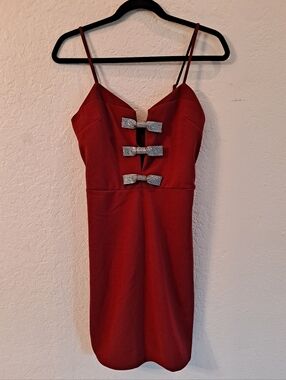 Arden B Red Spaghetti-Strap Cocktail Dress with Rhinestone Bows